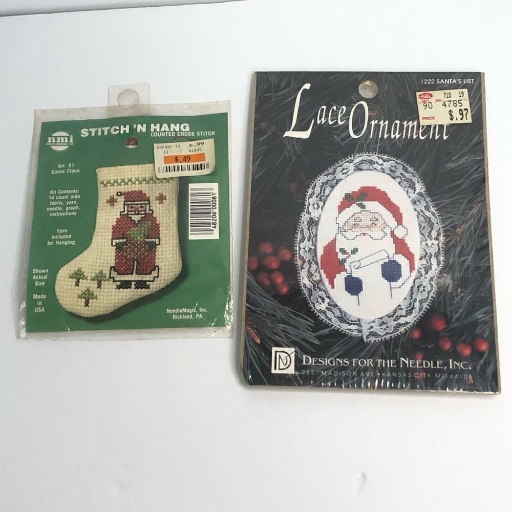 vintage needle art stitch and hang mini santa stocking‎ mini santa lace ornament